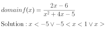 The domain of f(x)=(2x-6)/(x^2+4x-5) is x<-5\lor-5<x<1\lor x>1